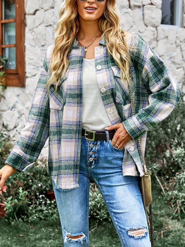 Arianne Women's Medium Length Versatile Plaid Shirt Top Coat
