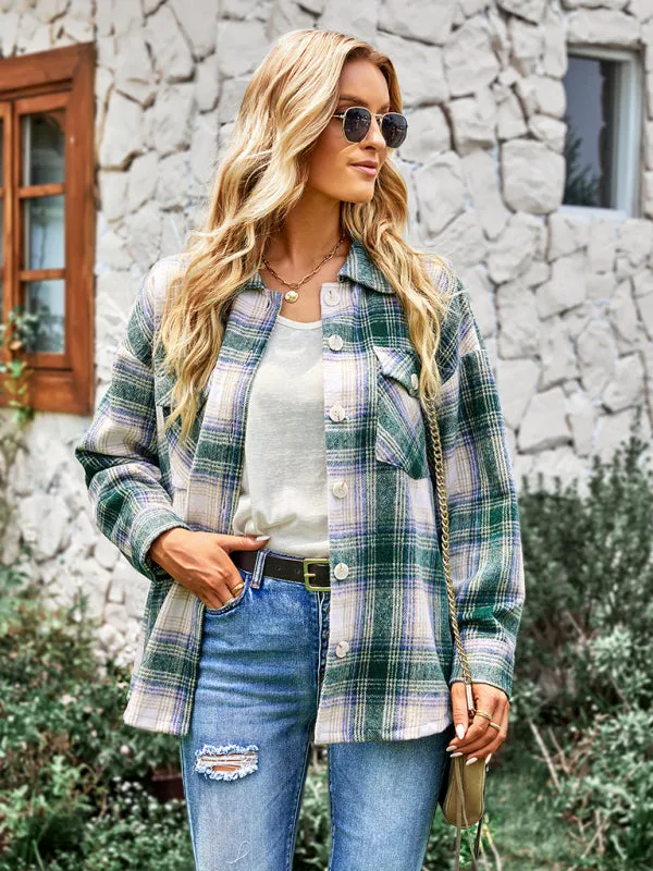 Arianne Women's Medium Length Versatile Plaid Shirt Top Coat