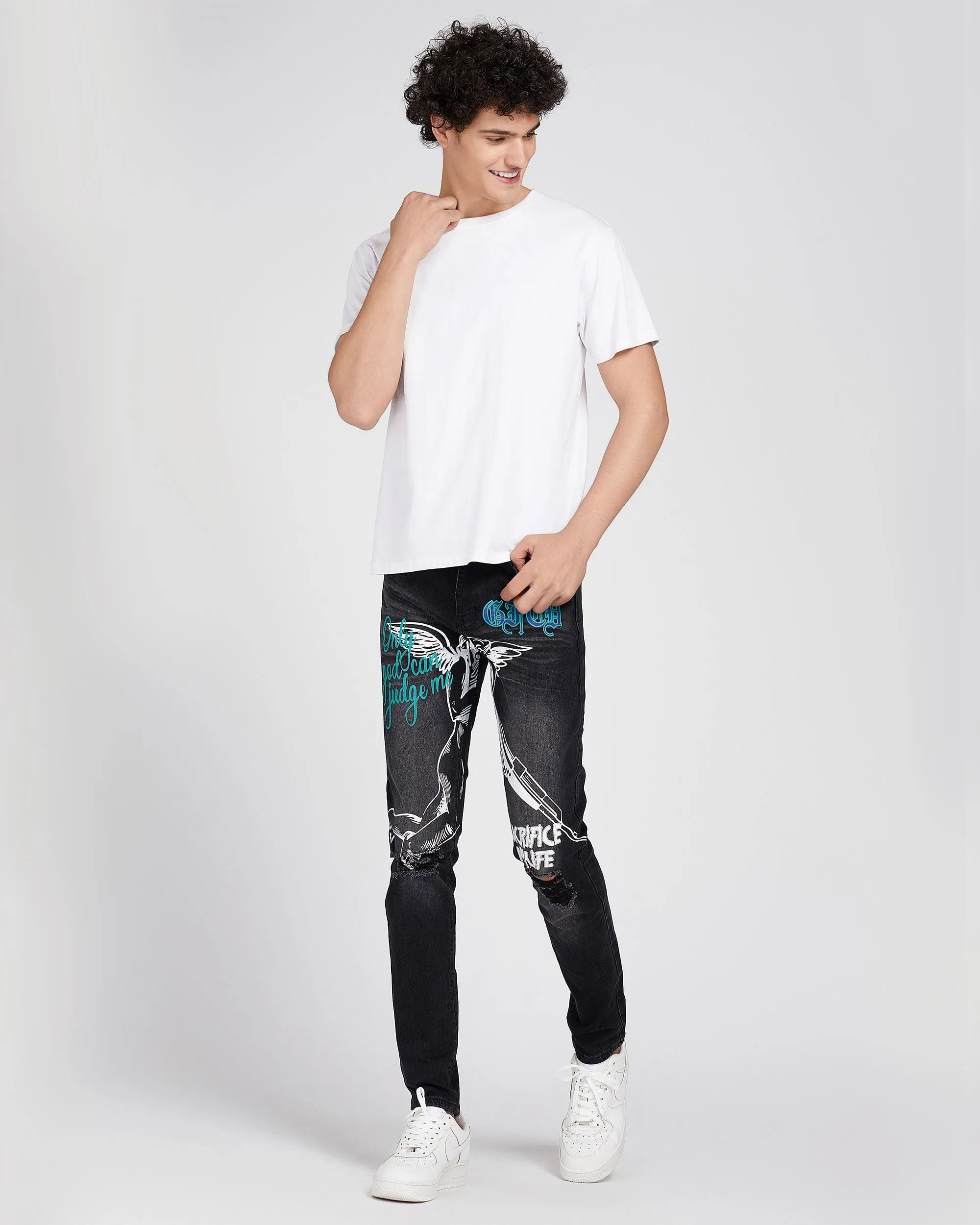 Black Slim Fit Ripped Jeans with Graffiti