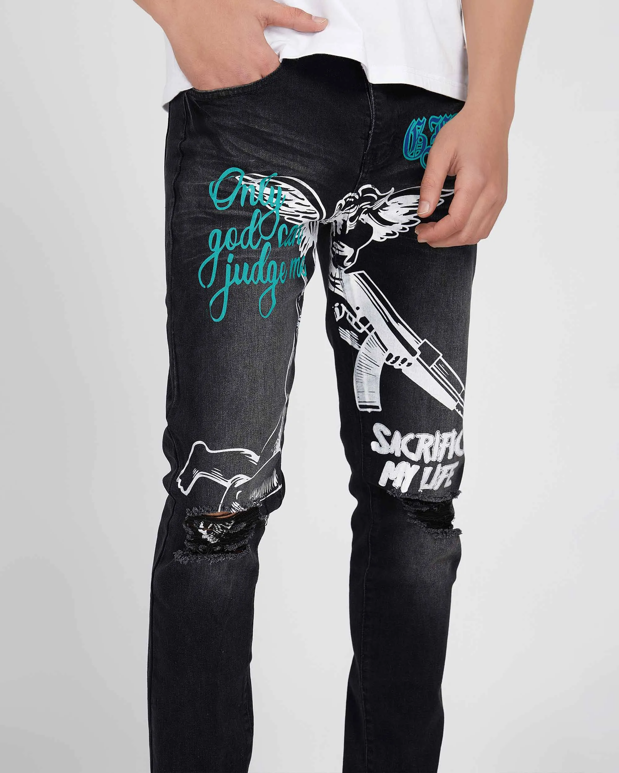 Black Slim Fit Ripped Jeans with Graffiti