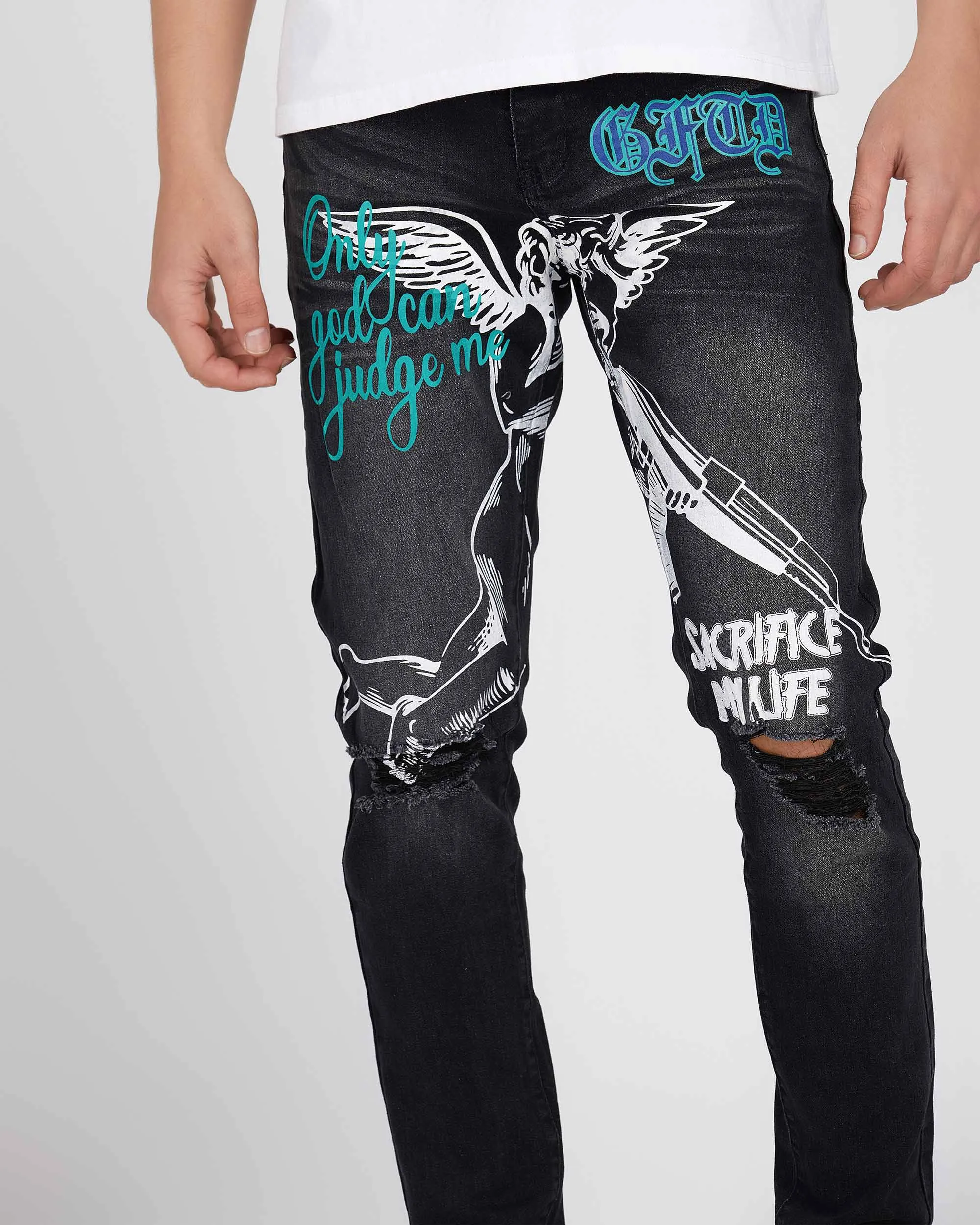 Black Slim Fit Ripped Jeans with Graffiti