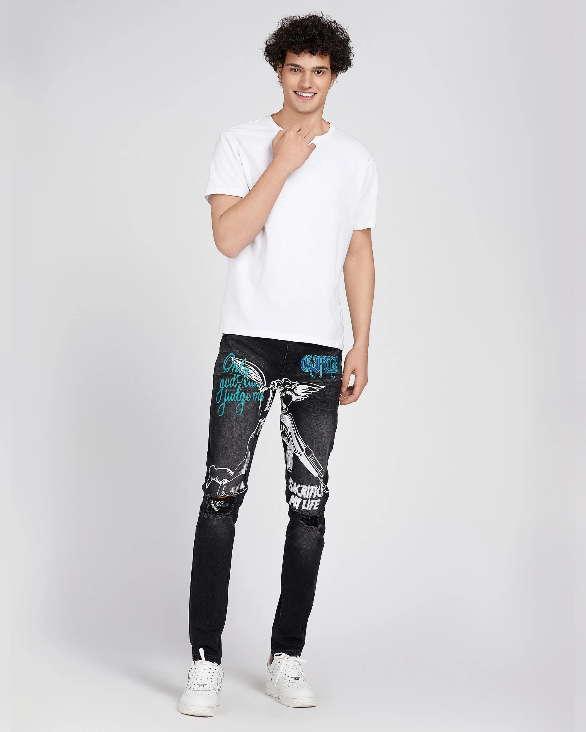 Black Slim Fit Ripped Jeans with Graffiti