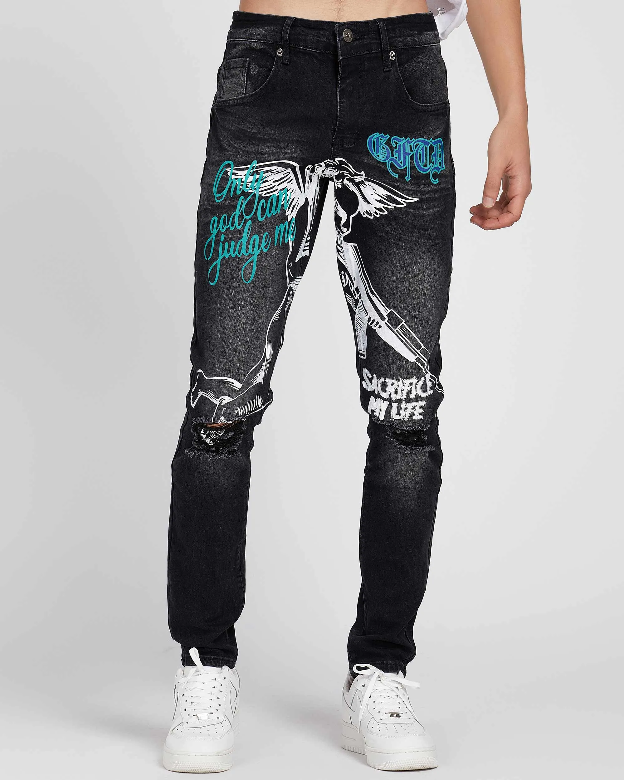 Black Slim Fit Ripped Jeans with Graffiti