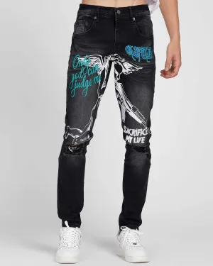 Black Slim Fit Ripped Jeans with Graffiti