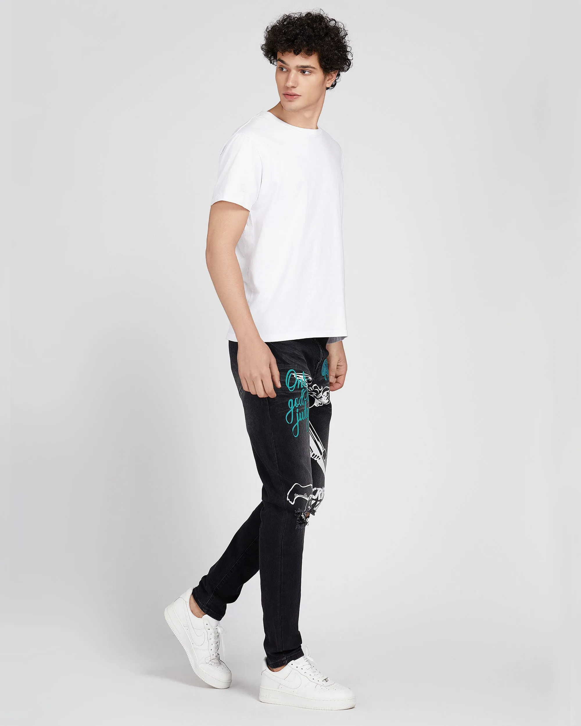 Black Slim Fit Ripped Jeans with Graffiti