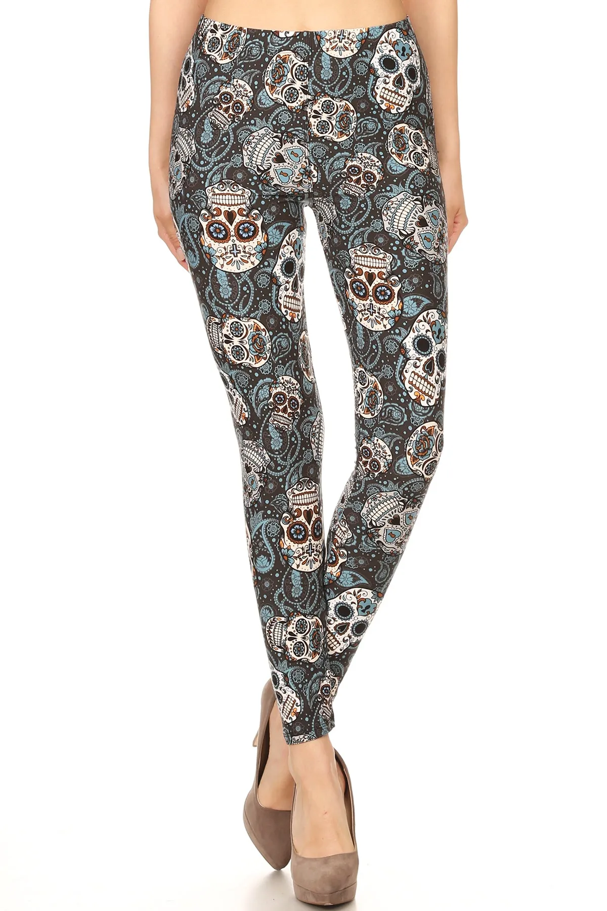 Blue Paisley Skulls Leggings (Super Soft)