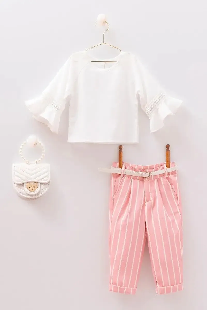Girls Summer Casual White & Pink Set - MIALIA - White - Pink