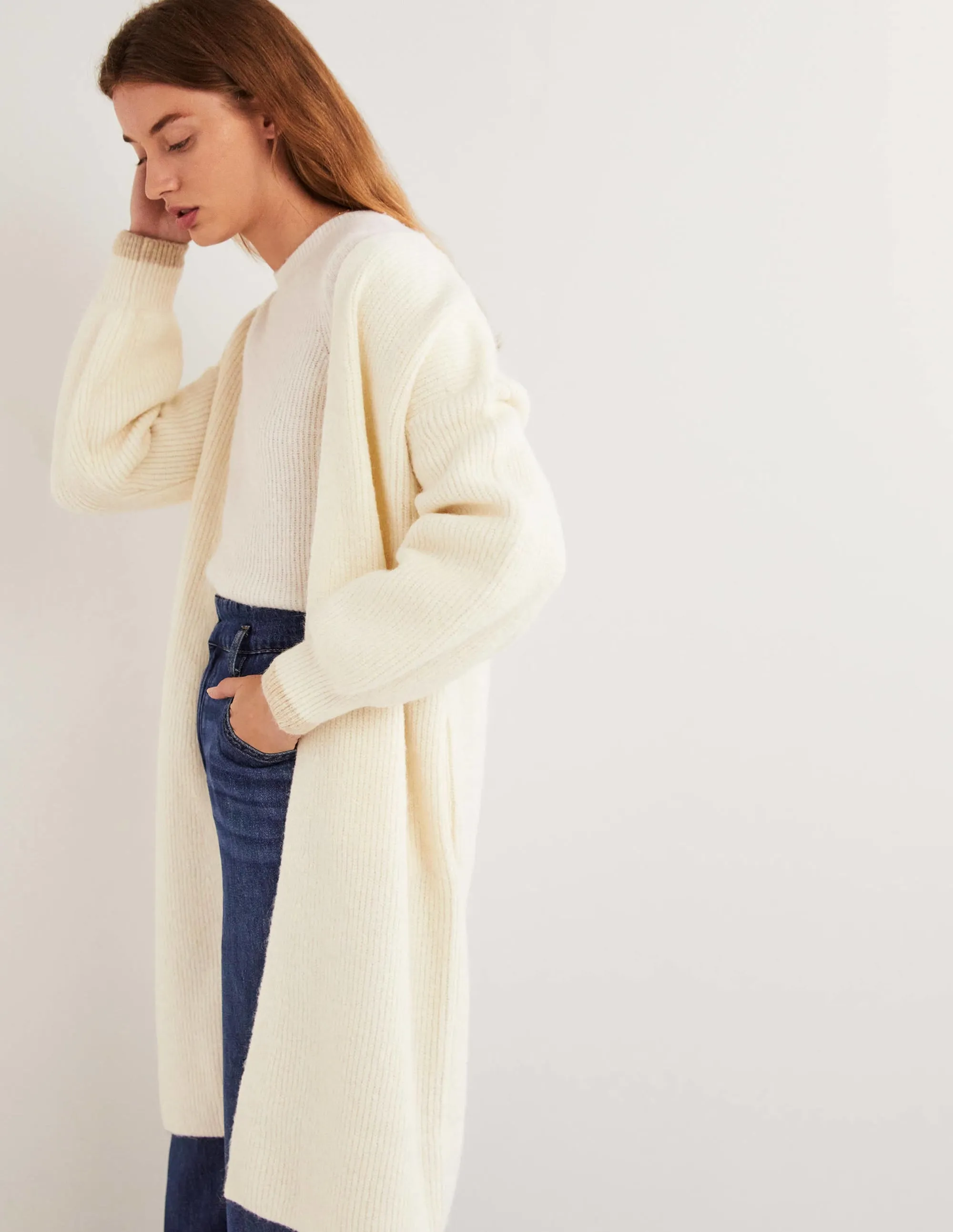 Longline Fluffy Cardigan-Warm Ivory, Oatmeal