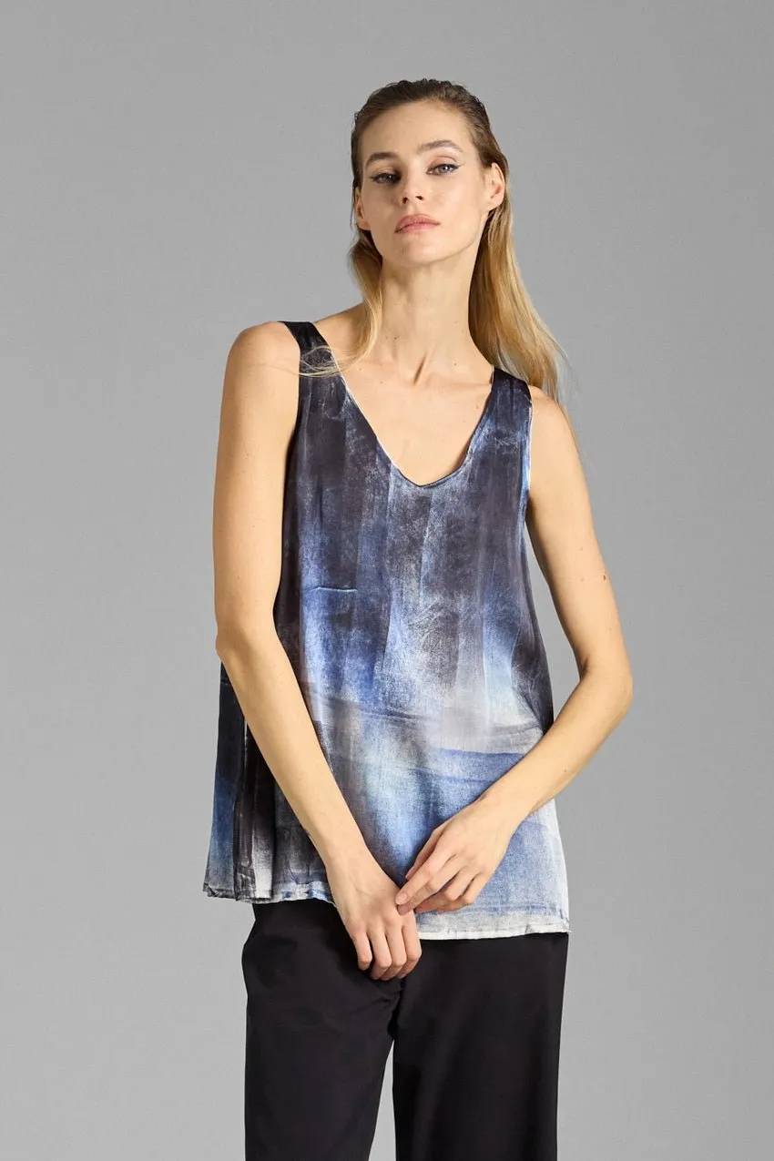 MURALES EFFECT STRETCH SILK V NECK TANK TOP