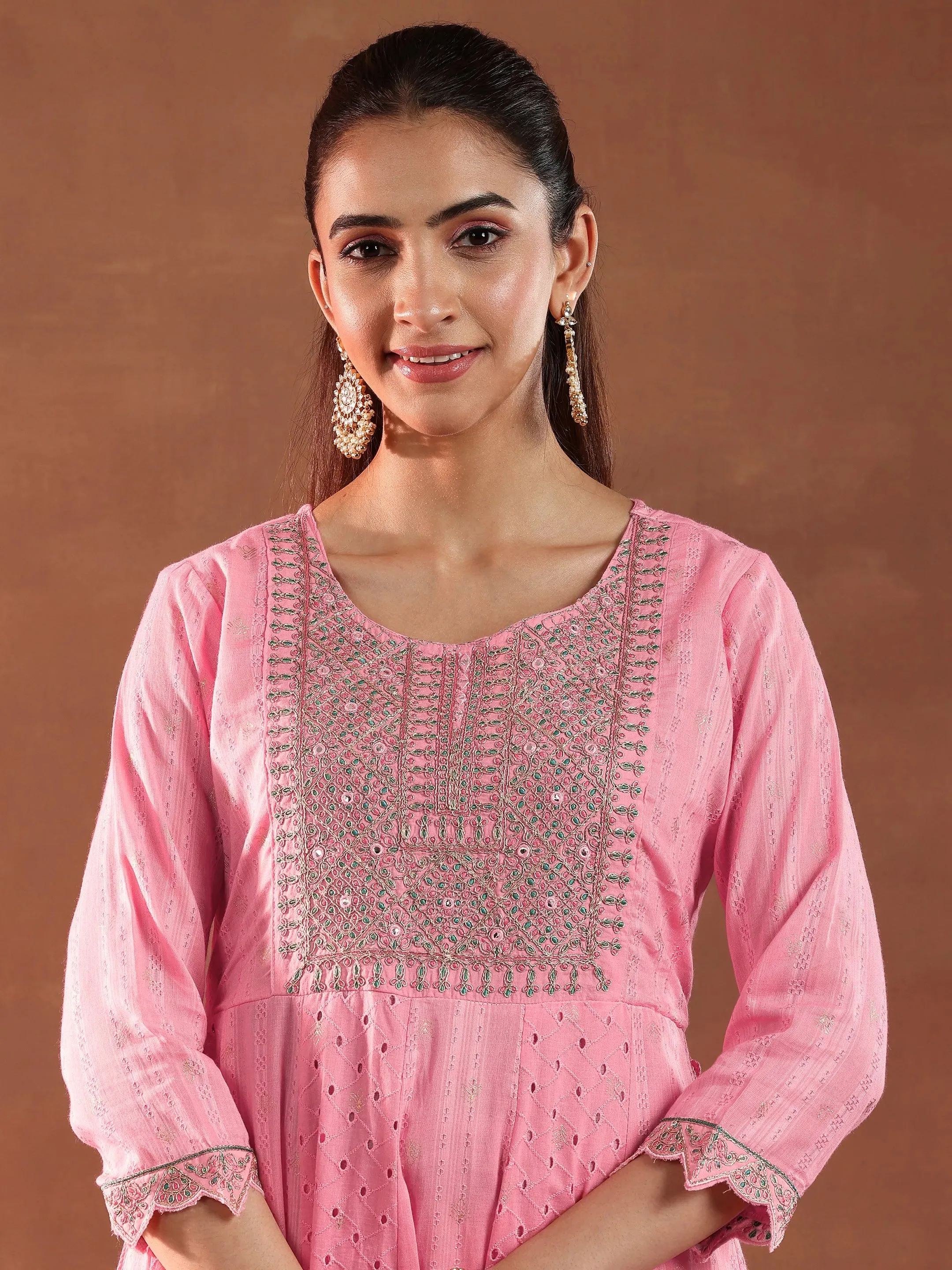 Pink Embroidered Cotton A-Line Kurta With Trousers & Dupatta